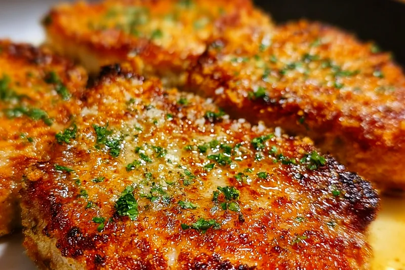 Fresh ingredients for Parmesan crusted pork chops including thick pork chops, grated Parmesan cheese, panko breadcrumbs, and seasonings arranged on a marble counter