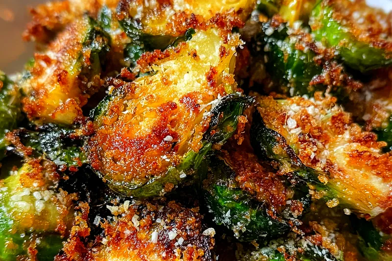 Brussels sprouts roasting in oven with golden Parmesan crust forming, showing the perfect browning and crisping process