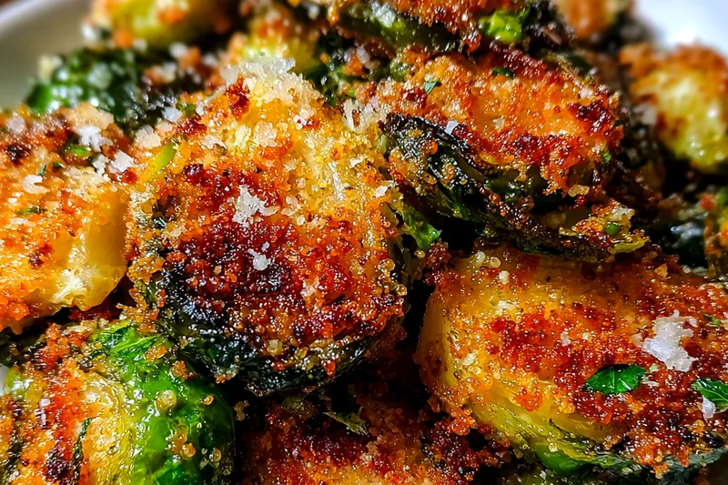 Fresh Brussels sprouts, grated Parmesan cheese, panko breadcrumbs, garlic, and seasonings arranged on a marble countertop