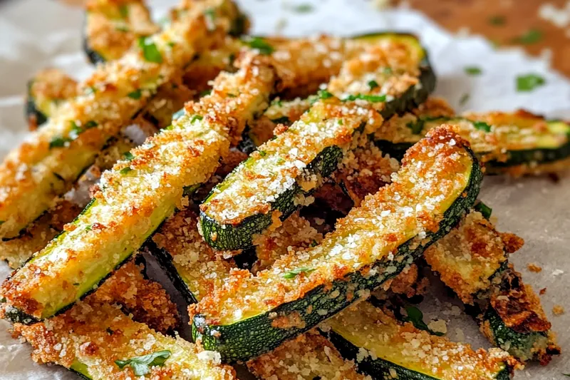 Cooking process showing the crispy baking of garlic parmesan zucchini in the oven.