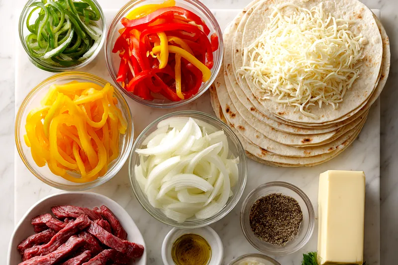 Close-up of a Philly cheesesteak wrap being grilled in a skillet, showing golden-brown grill marks on the tortilla and melted cheese visible at the edges