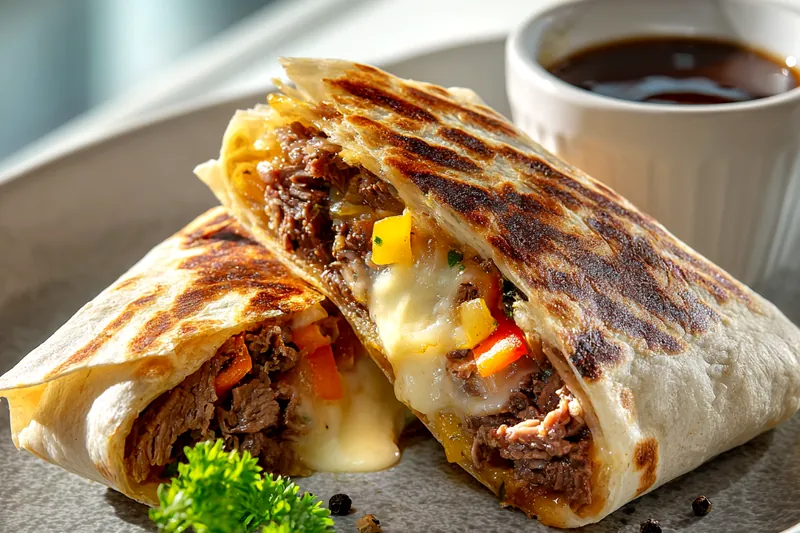 Overhead view of Philly cheesesteak wrap ingredients in bowls: raw sliced ribeye, shredded provolone cheese, sliced bell peppers, onions, garlic, seasonings, flour tortillas, and butter arranged on marble surface