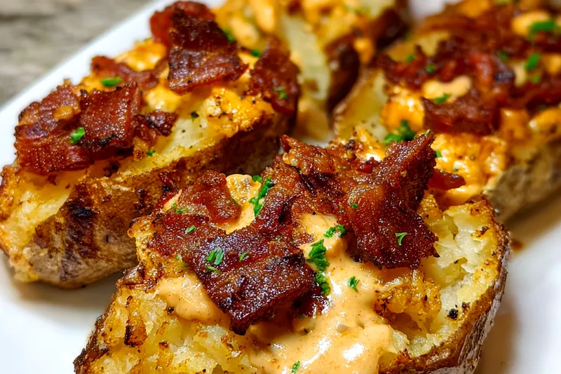 Fresh ingredients for potato skins including large russet potatoes, shredded cheese, cooked bacon, and fresh chives arranged on a marble countertop