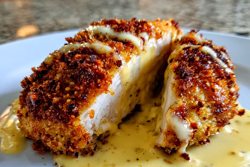 Frying crispy pretzel chicken in a skillet, showcasing the golden-brown crust forming.
