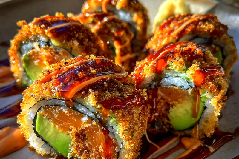 Fresh ingredients for Crispy Salmon Avocado Rolls