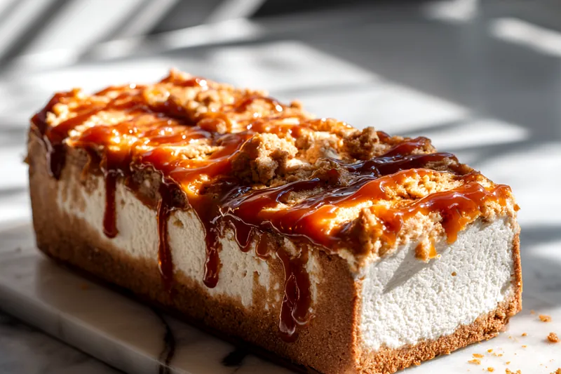 Kitchen torch with blue flame caramelizing turbinado sugar on top of cheesecake, showing the sugar turning golden brown and bubbling