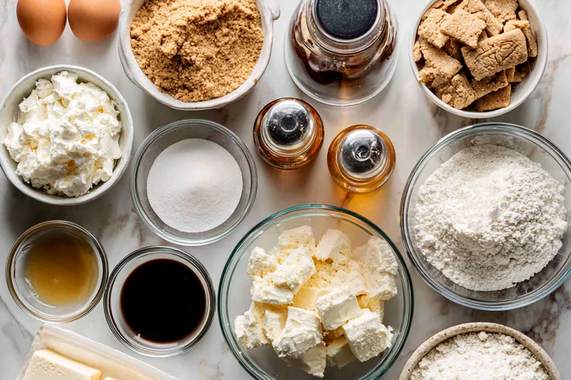 Overhead view of baking ingredients arranged on marble surface including cream cheese blocks, eggs, vanilla bean paste jar, graham crackers, turbinado sugar in small bowl, and measuring cups