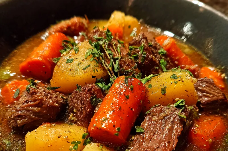 Fresh ingredients for beef stew arranged on a counter