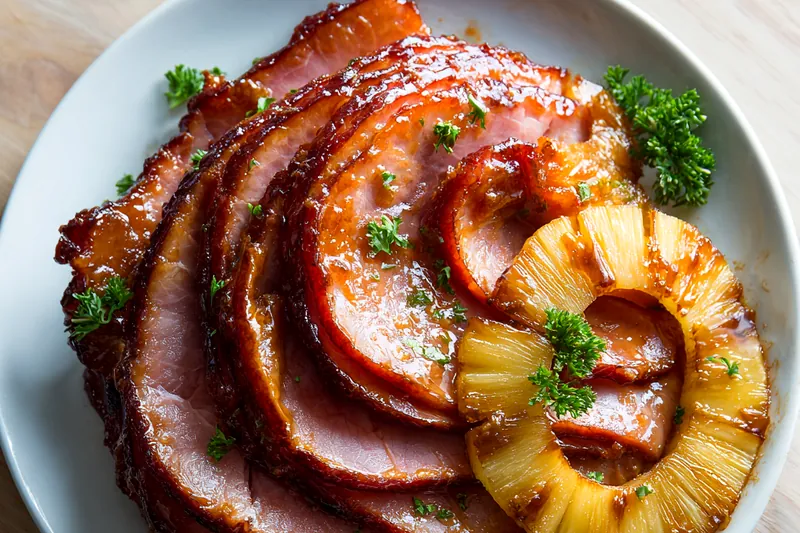 Ingredients for pineapple glazed ham including brown sugar, pineapple slices, honey, spices, and a large ham arranged on a marble countertop