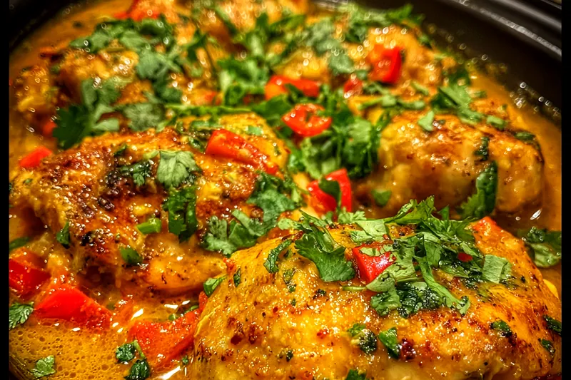 A slow cooker filled with aromatic Thai Peanut Delight, ready to serve.