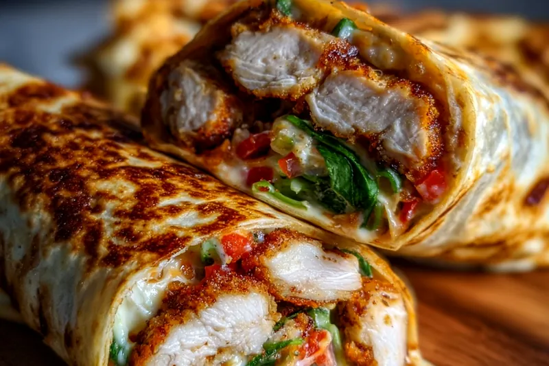 Golden crispy chicken strips in an air fryer basket showing perfect browning, with assembled wraps ready for final crisping