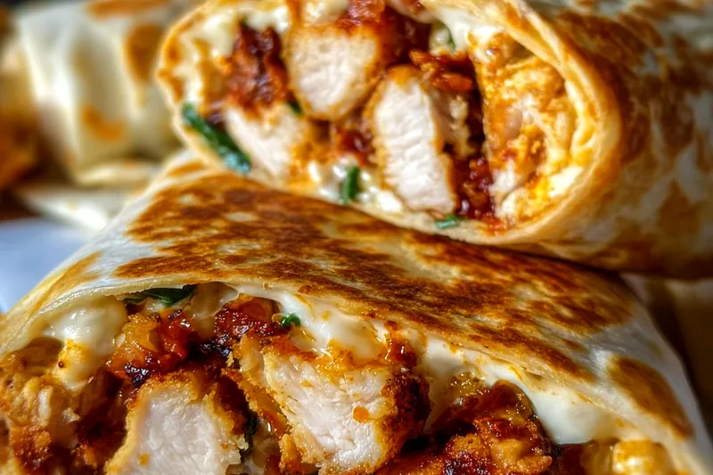 Raw chicken strips with breading station setup including flour, eggs, panko breadcrumbs, and tortillas with fresh vegetables arranged on a kitchen counter