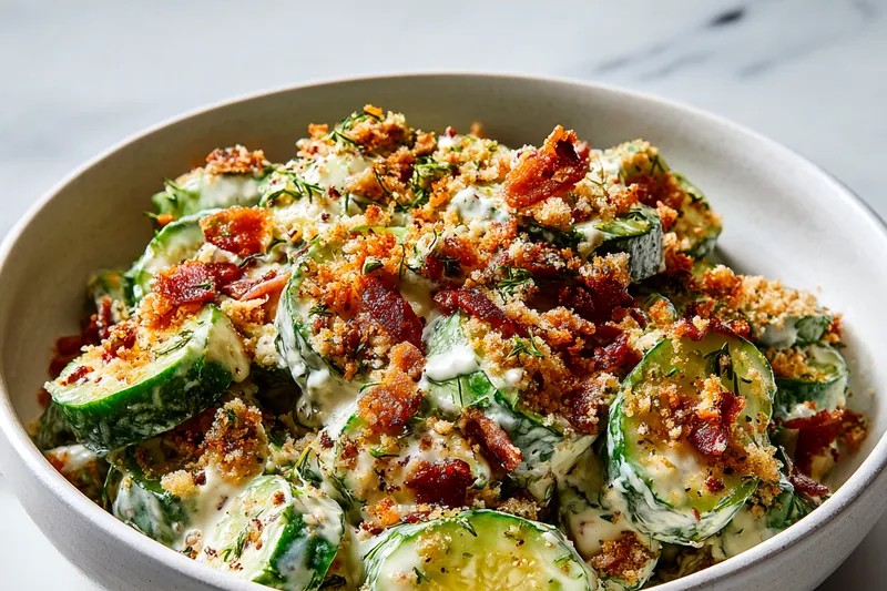 Hands tossing fresh cucumber Caesar salad in a large wooden bowl with creamy dressing coating the crisp vegetables