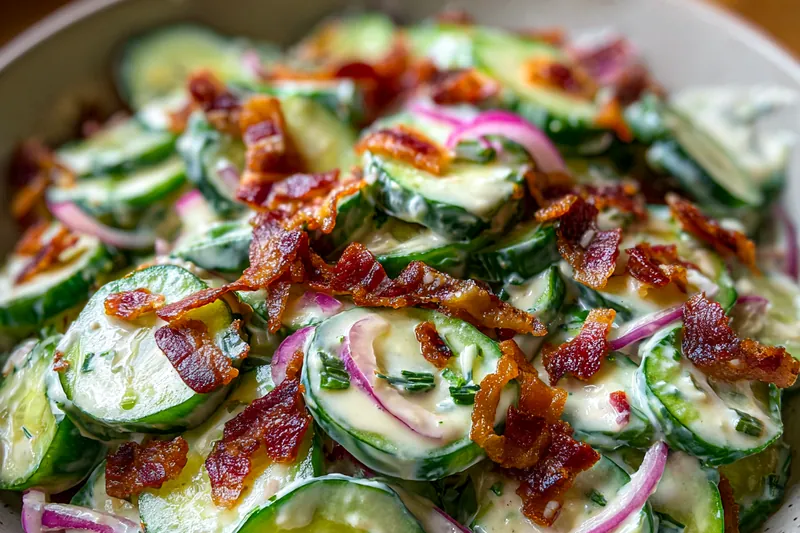A step-by-step process of preparing Creamy Cucumber Ranch Salad, showcasing the colorful ingredients.