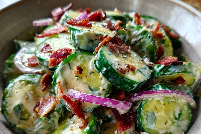 A colorful array of fresh cucumbers, cherry tomatoes, and ingredients for Creamy Cucumber Ranch Salad.