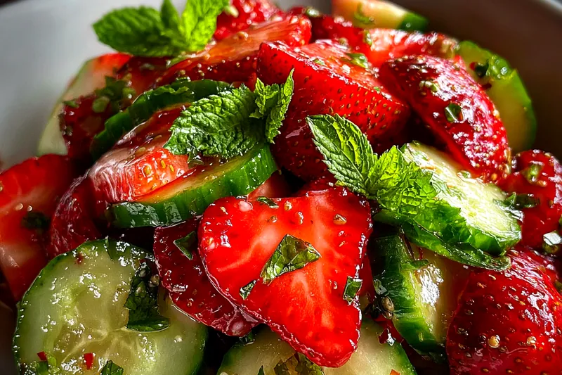 Hands tossing fresh cucumber strawberry salad with mint dressing in a large glass bowl, showing the mixing technique