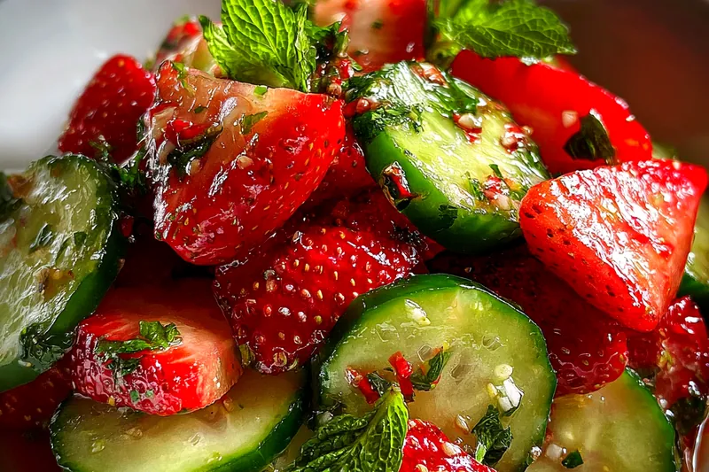 Fresh ingredients for cucumber strawberry salad including sliced cucumbers, strawberries, mint, lime, and feta cheese arranged on a marble surface