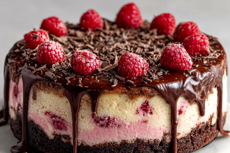Ingredients for chocolate raspberry cheesecake including cream cheese blocks, dark chocolate, fresh raspberries, Oreo cookies, and eggs on marble counter