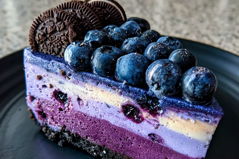 A visual representation of the cheesecake baking process, highlighting the creamy texture and blueberry swirl.