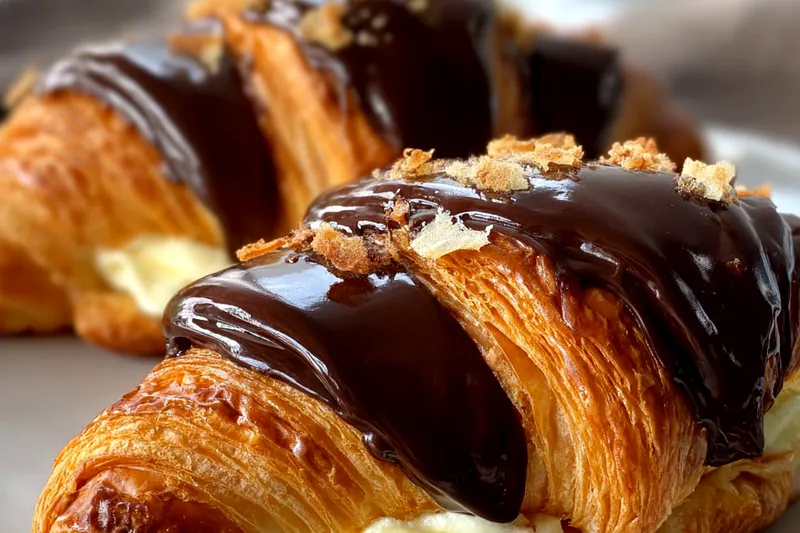 Step-by-step process showing pastry cream being whisked in a saucepan, croissants being filled, and chocolate glaze being poured over assembled pastries