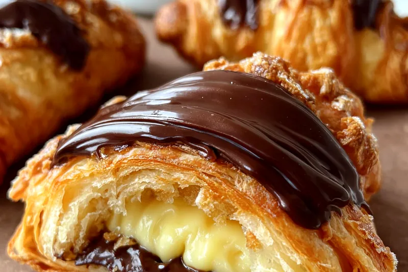 Ingredients for Boston cream pie croissants including fresh croissants, eggs, milk, chocolate, cream, and vanilla arranged on a marble pastry board