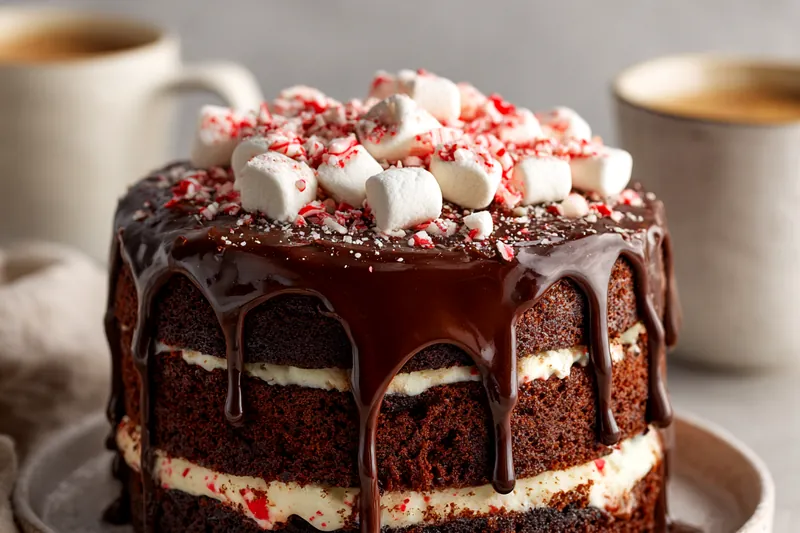 Process shot showing chocolate ganache being poured over stacked chocolate cake layers, with glossy dark chocolate dripping naturally down the sides