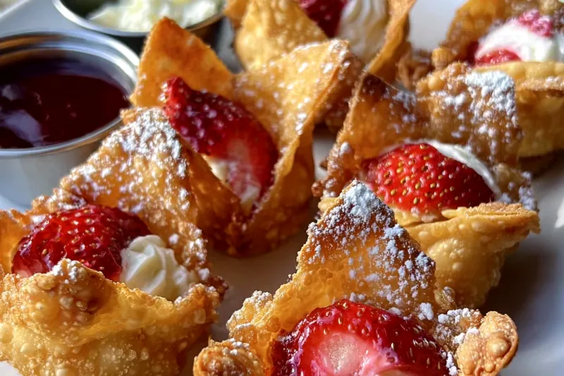 Step-by-step assembly showing wonton wrappers being filled with strawberry cheesecake mixture, sealed, and golden wontons frying in oil