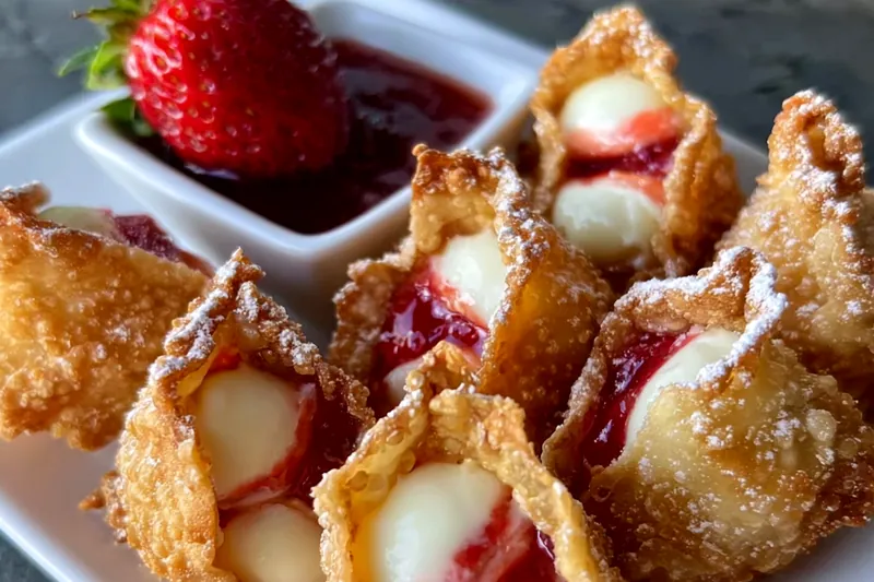 Premium ingredients for fusion dessert including wonton wrappers, cream cheese, fresh strawberries, and glazing ingredients arranged on a modern kitchen counter