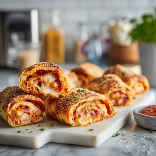 Baked pizza roll-ups ready to serve