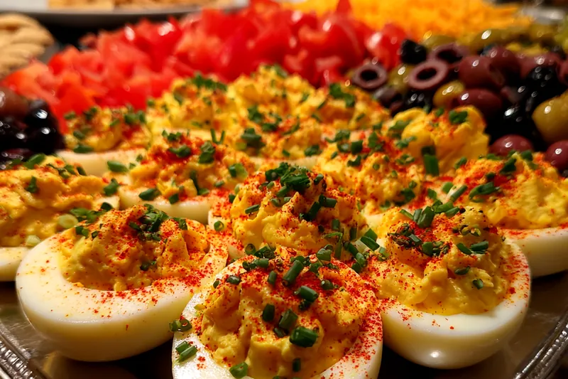 A beautiful arrangement of ingredients for deviled eggs including eggs, mayonnaise, mustard, and spices.