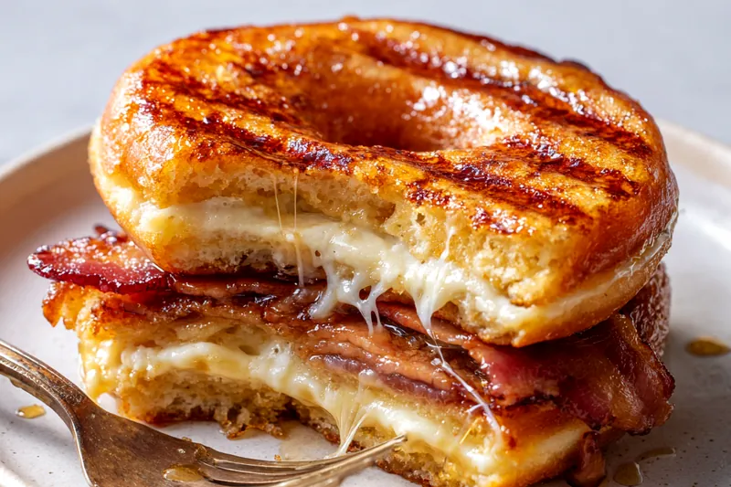 Close-up of donut grilled cheese sandwich being pressed with spatula in cast iron skillet, showing melted cheese oozing from sides and golden caramelized grill marks on glazed donut surface