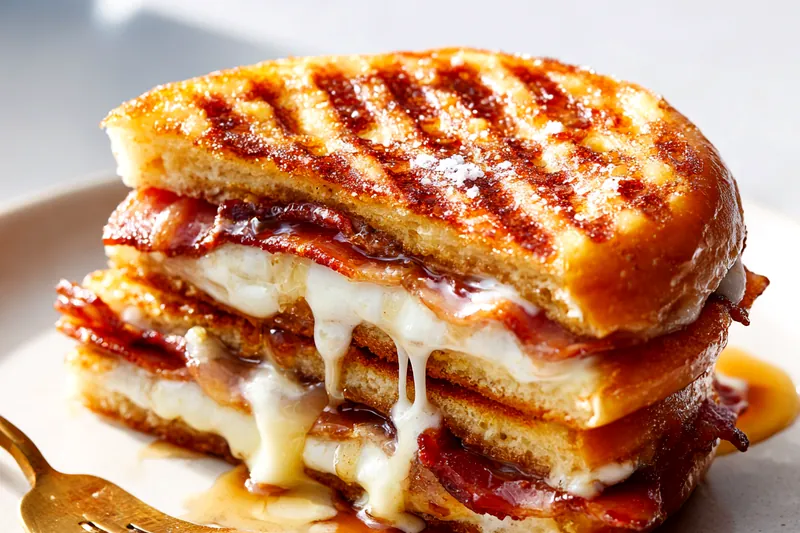 Overhead view of all ingredients for donut grilled cheese arranged on white marble: four glazed donuts on a plate, thick-cut bacon strips, sliced white cheddar cheese, maple syrup in glass bowl, butter, and small bowls of salt and pepper