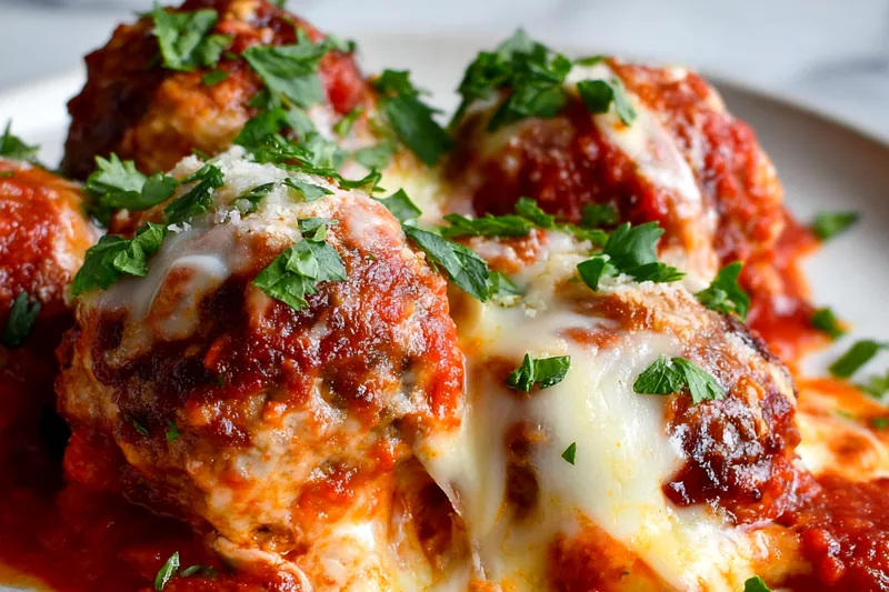 Dump and bake meatball casserole halfway through baking, showing pasta cooking in bubbling marinara sauce with meatballs