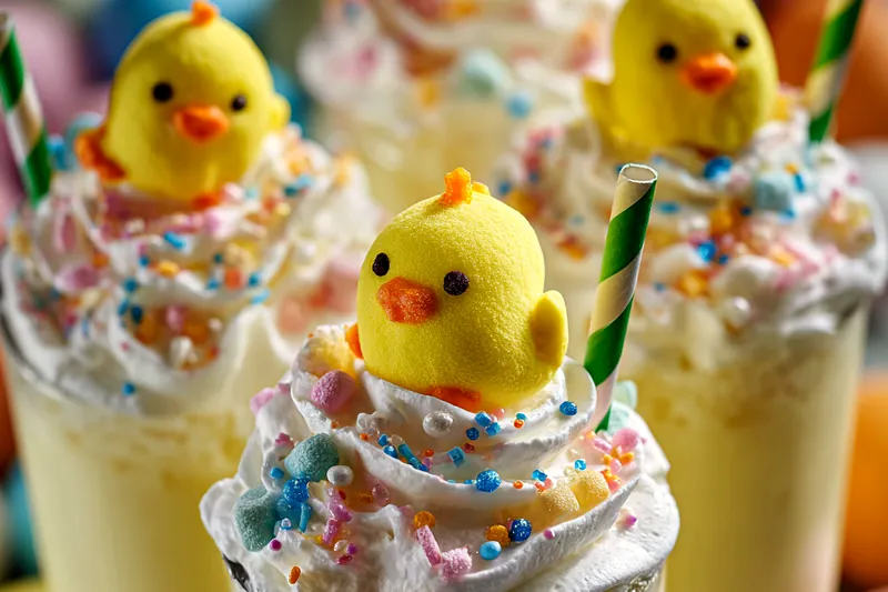 Process of creating Easter chick milkshakes showing blending ice cream, piping whipped cream, and adding colorful decorations and chick toppers