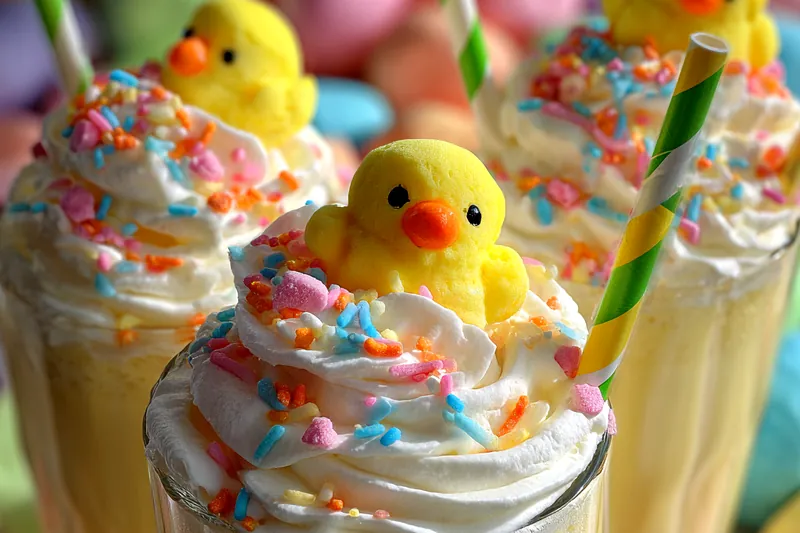 Ingredients for Easter chick milkshakes including vanilla ice cream, milk, whipped cream, colorful sprinkles, and marshmallow chick decorations on a pastel surface