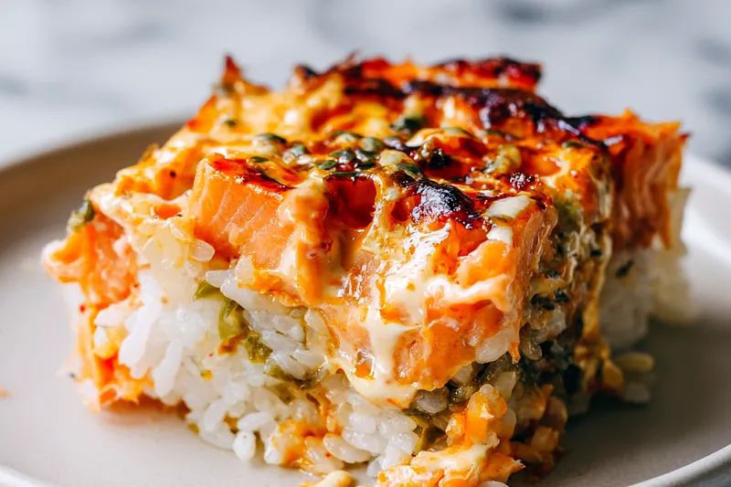 Overhead flat lay of baked sushi ingredients including bowl of white sushi rice, fresh orange salmon fillet, block of cream cheese, Japanese mayo bottle, green onions, sesame seeds, and small dishes of sauces on marble surface