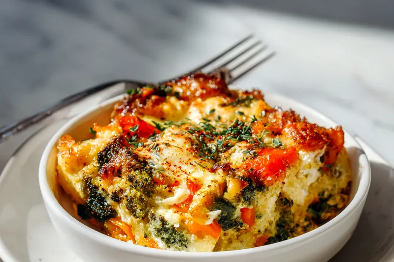 Organized overhead view of breakfast strata ingredients including cubed crusty bread, fresh vegetables, eggs, milk, and shredded cheese on a white surface
