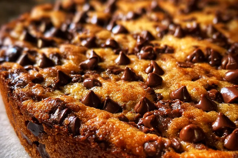 Freshly baked chocolate chip cookie cake cooling on a rack