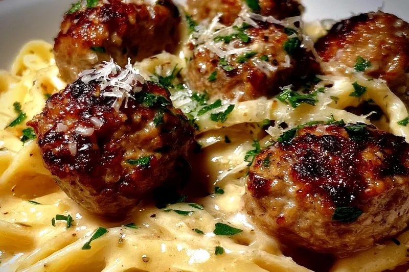 Golden meatballs browning in a large skillet with garlic butter sauce being stirred, showing the cooking process