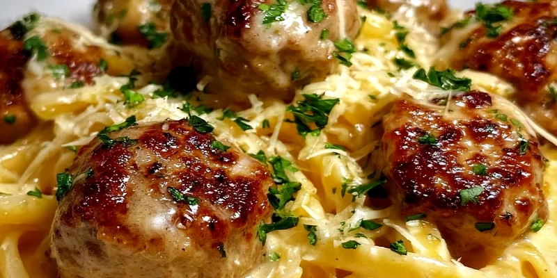 Easy Garlic Butter Meatballs served over creamy