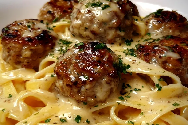 Raw ingredients for garlic butter meatballs including ground beef, breadcrumbs, garlic, cream, and herbs arranged on marble counter