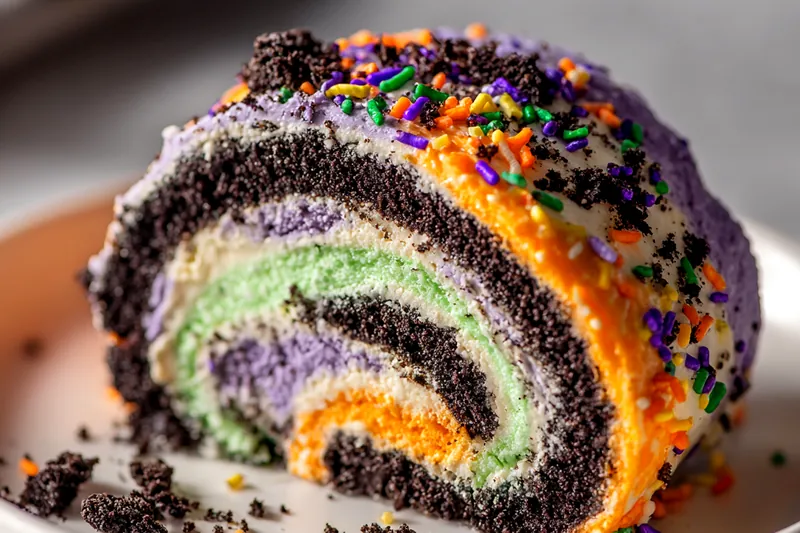 Flat lay of Halloween Oreo Roll ingredients including cream cheese blocks, eggs, flour, sugar, crushed Oreos, purple, orange and green food coloring gels, vanilla extract, and baking powder arranged on a marble countertop