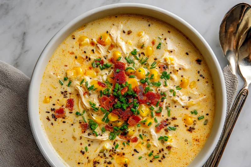 Cooking chicken corn chowder in a large pot
