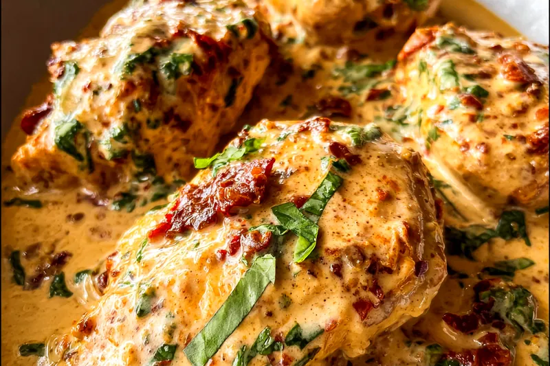 Chicken breasts searing in a skillet with golden-brown color, showing proper cooking technique for marry me chicken