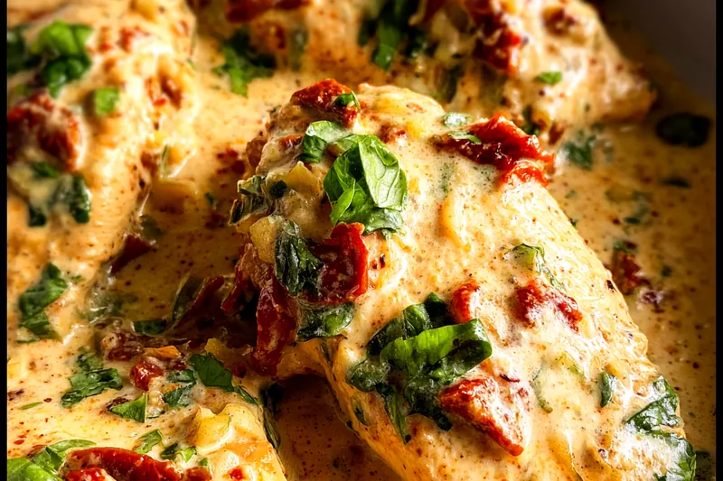 Fresh ingredients for marry me chicken including chicken breasts, sun-dried tomatoes, heavy cream, Parmesan cheese, and fresh basil arranged on marble countertop