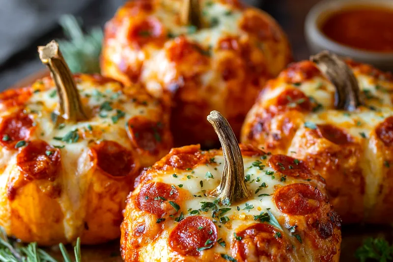 Process shots showing hollowed pumpkins being filled with layers of sauce, cheese and toppings, then the final golden-brown baked pumpkins with melted cheese