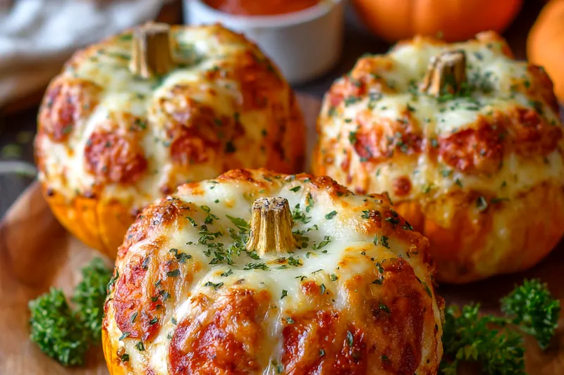 Ingredients for pizza-stuffed pumpkins including small sugar pumpkins, mozzarella cheese, marinara sauce, and various pizza toppings arranged on a wooden cutting board