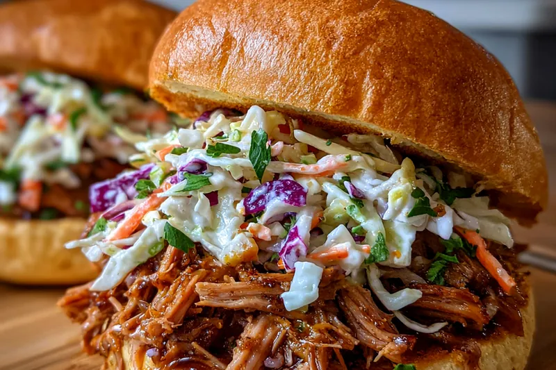 Slow cooker with tender, shredded pulled pork being mixed with barbecue sauce, steam rising from the aromatic mixture