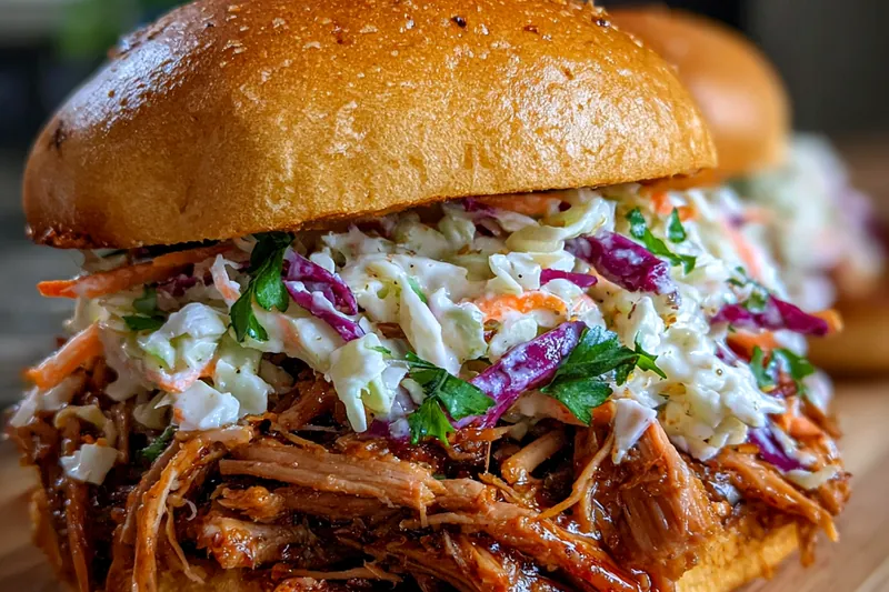 Raw pork shoulder with spice rub, coleslaw ingredients including shredded cabbage and carrots, and hamburger buns arranged on a kitchen counter