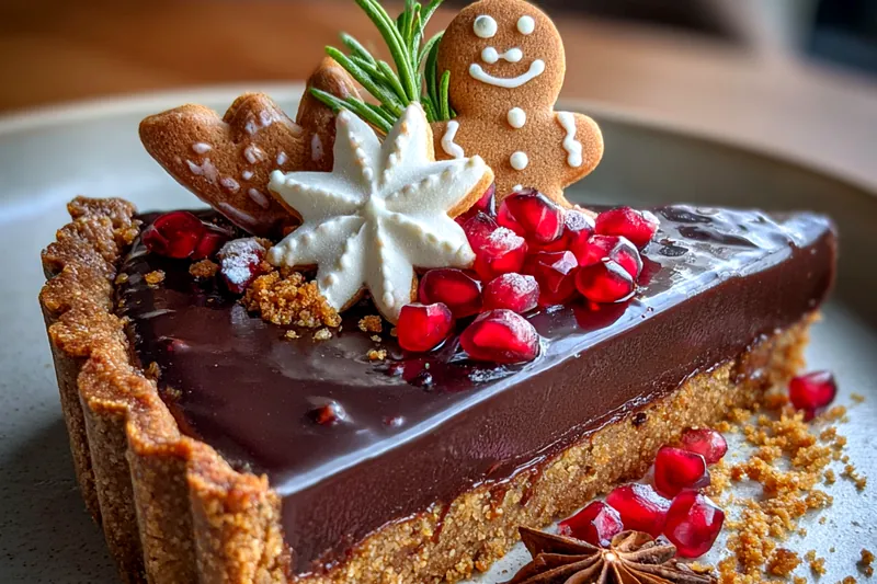 A step-by-step cooking process image for making Festive Gingerbread Chocolate Tart showing the tart being filled with chocolate mixture.